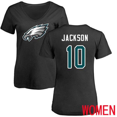 Women Philadelphia Eagles #10 DeSean Jackson Black Name and Number Logo Slim Fit NFL T Shirt